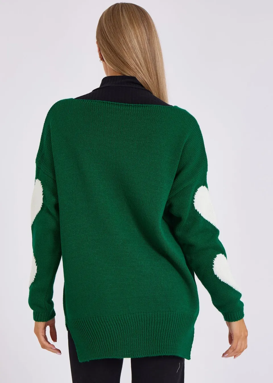 Tops>Gini London Green V Neck Oversized Heart Knit Jumper