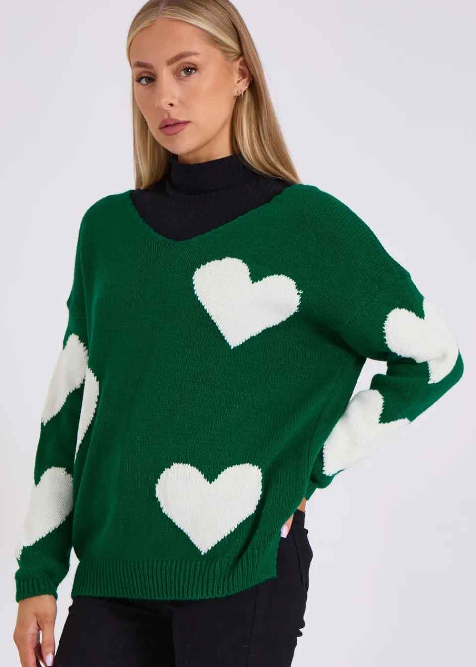 Tops>Gini London Green V Neck Oversized Heart Knit Jumper
