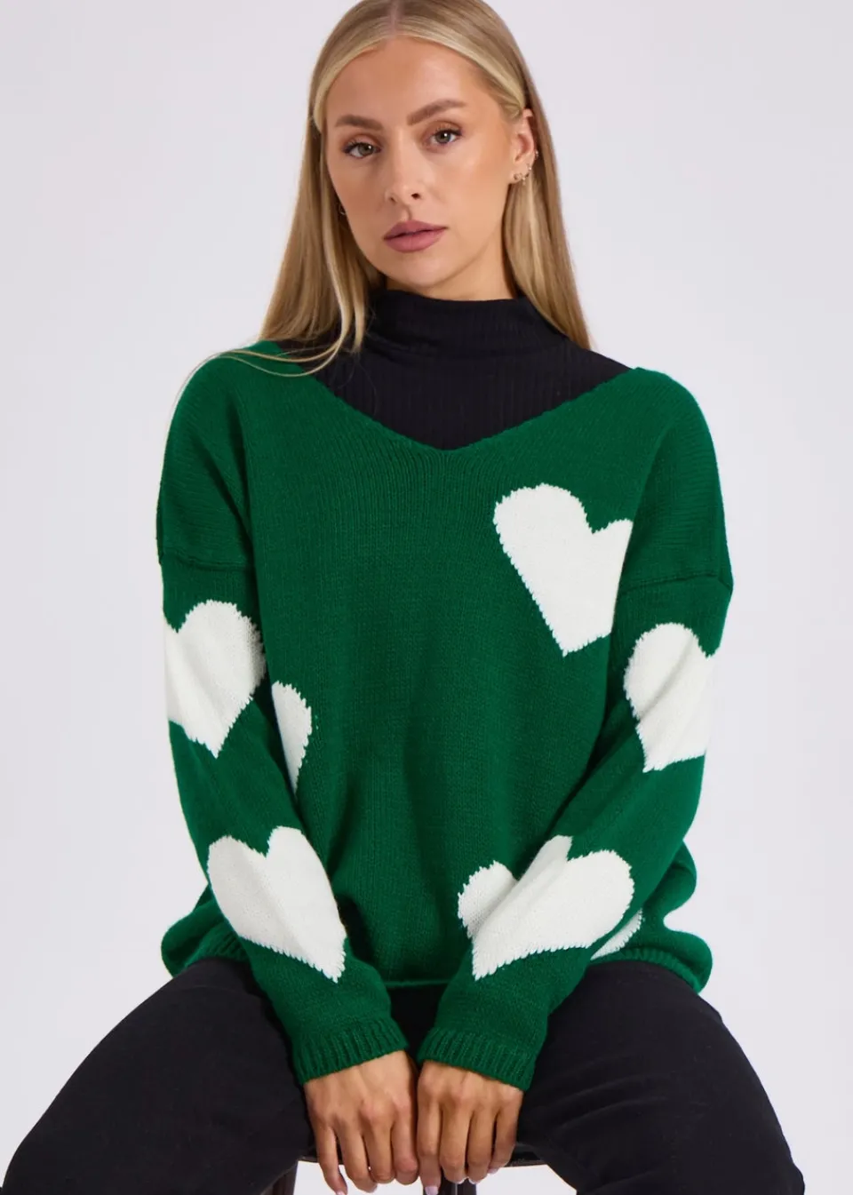 Tops>Gini London Green V Neck Oversized Heart Knit Jumper