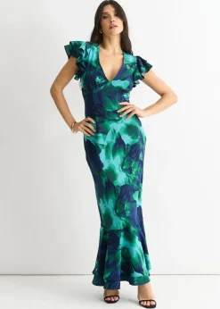 Dresses>Gini London Green Watercolour Floral Maxi Dress