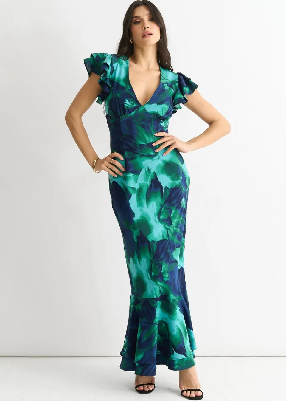 Dresses>Gini London Green Watercolour Floral Maxi Dress