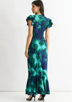 Dresses>Gini London Green Watercolour Floral Maxi Dress