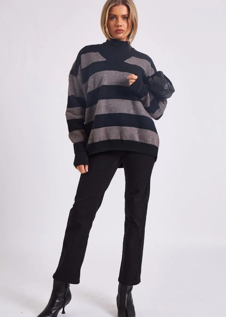 Knitwear>Gini London Grey Wide Stripe Oversized Jumper