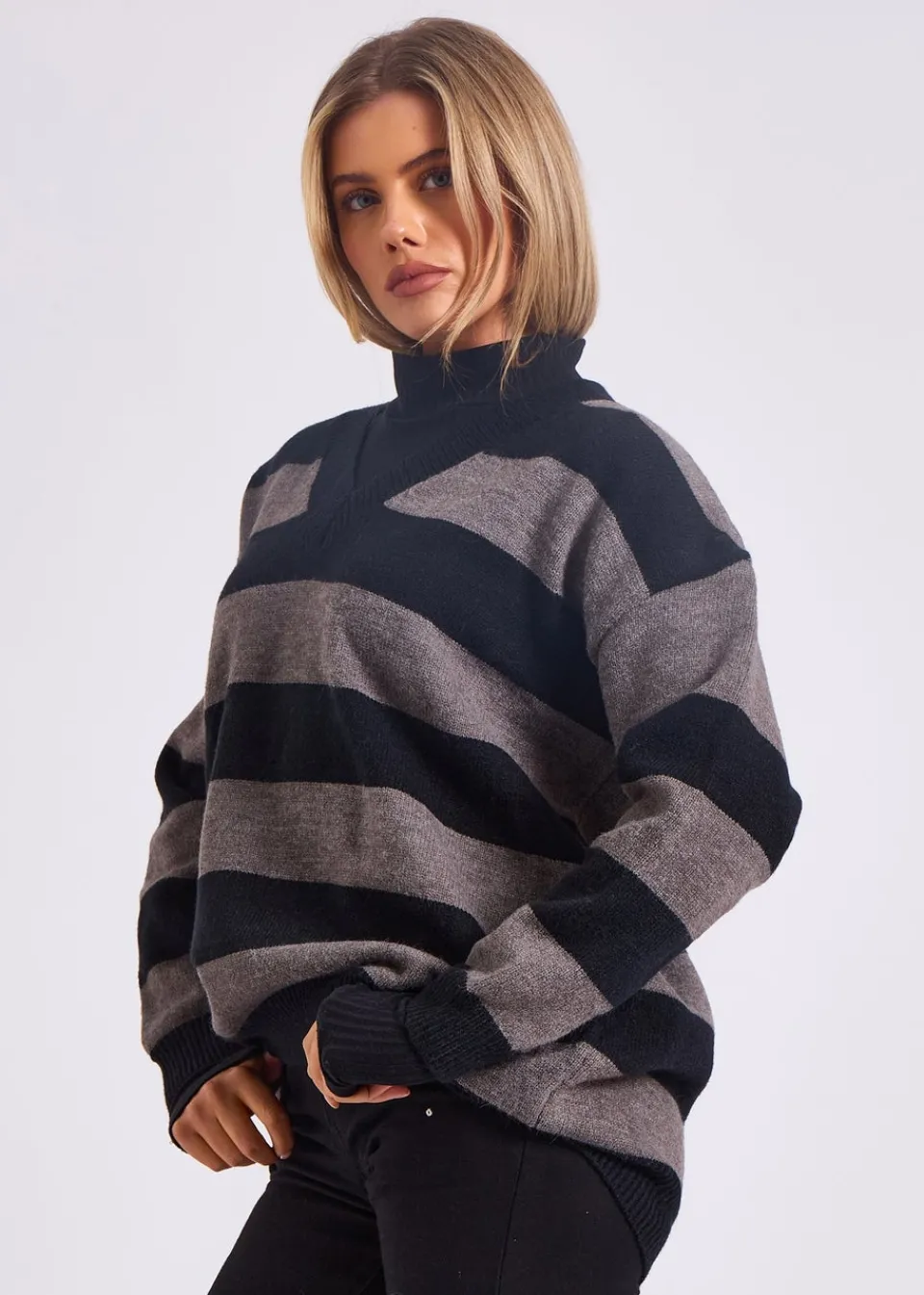 Knitwear>Gini London Grey Wide Stripe Oversized Jumper