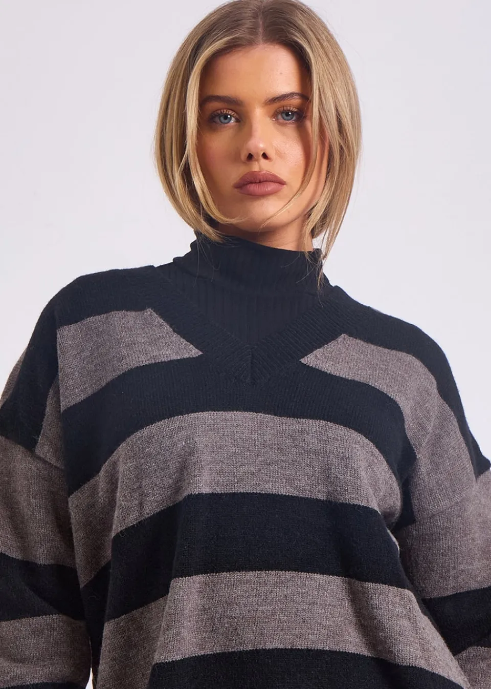 Knitwear>Gini London Grey Wide Stripe Oversized Jumper