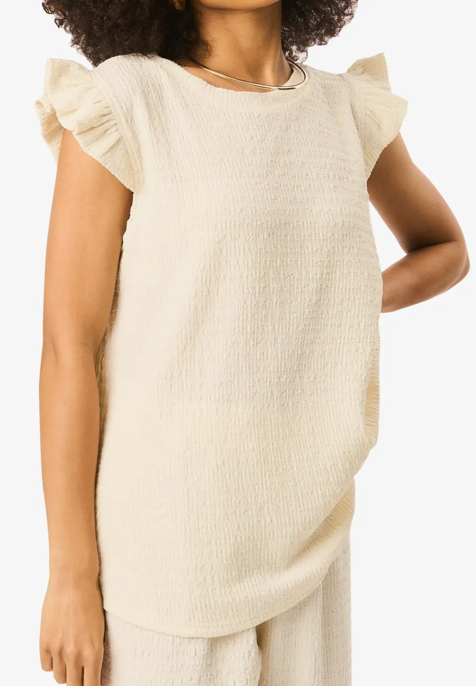 Tops>Gini London Ivory Frill Sleeves Textured Oversized Top