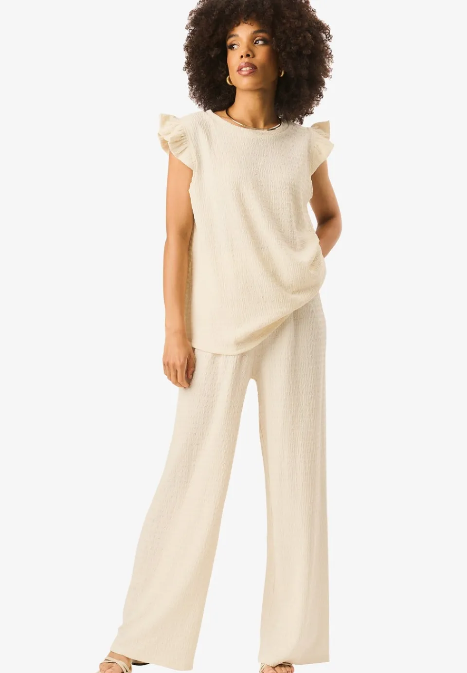 Trousers>Gini London Ivory Textured Elastic Waist Pull On Trousers