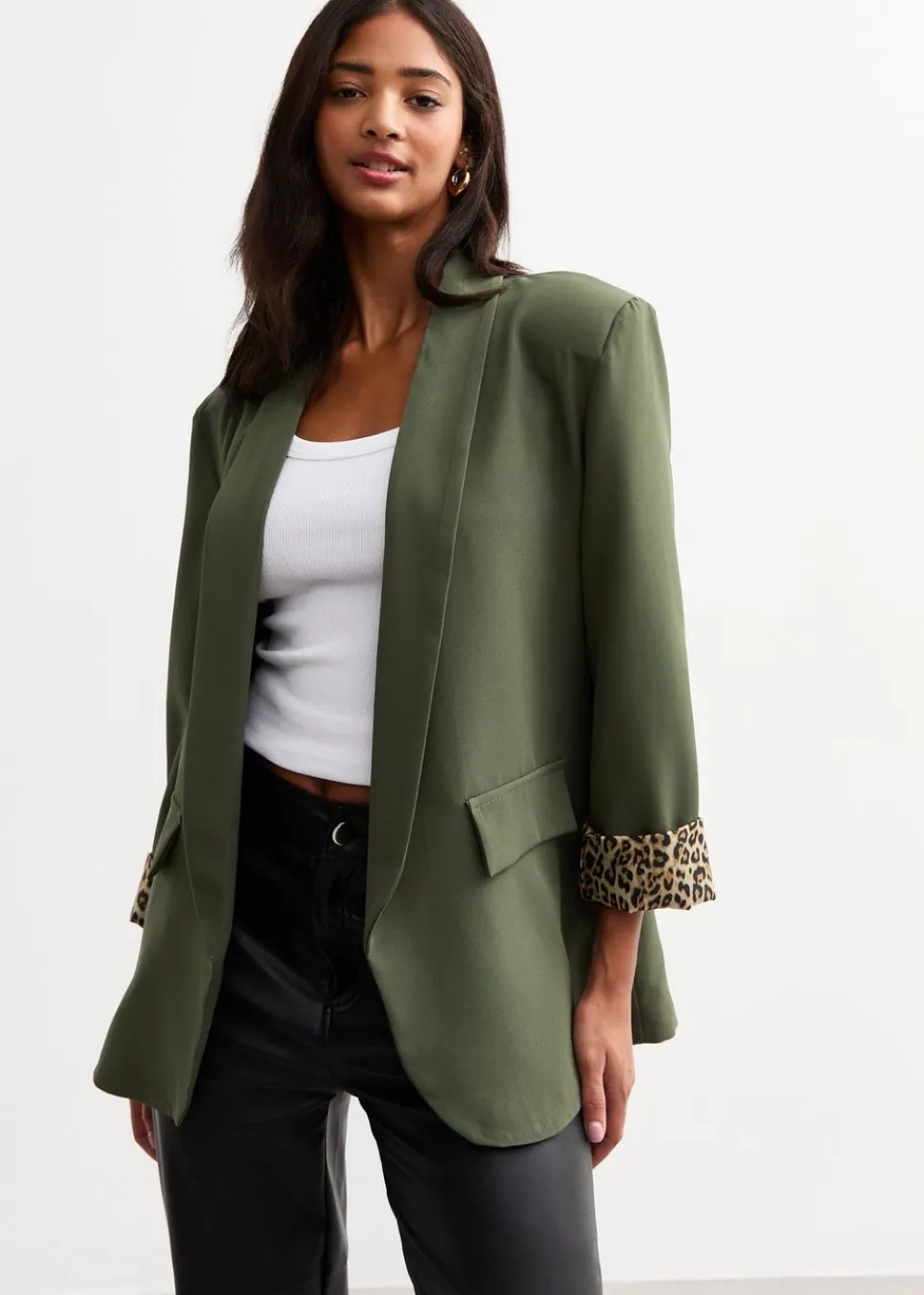 Coats & Jackets>Gini London Khaki Contrast Animal Edge to Edge Blazer