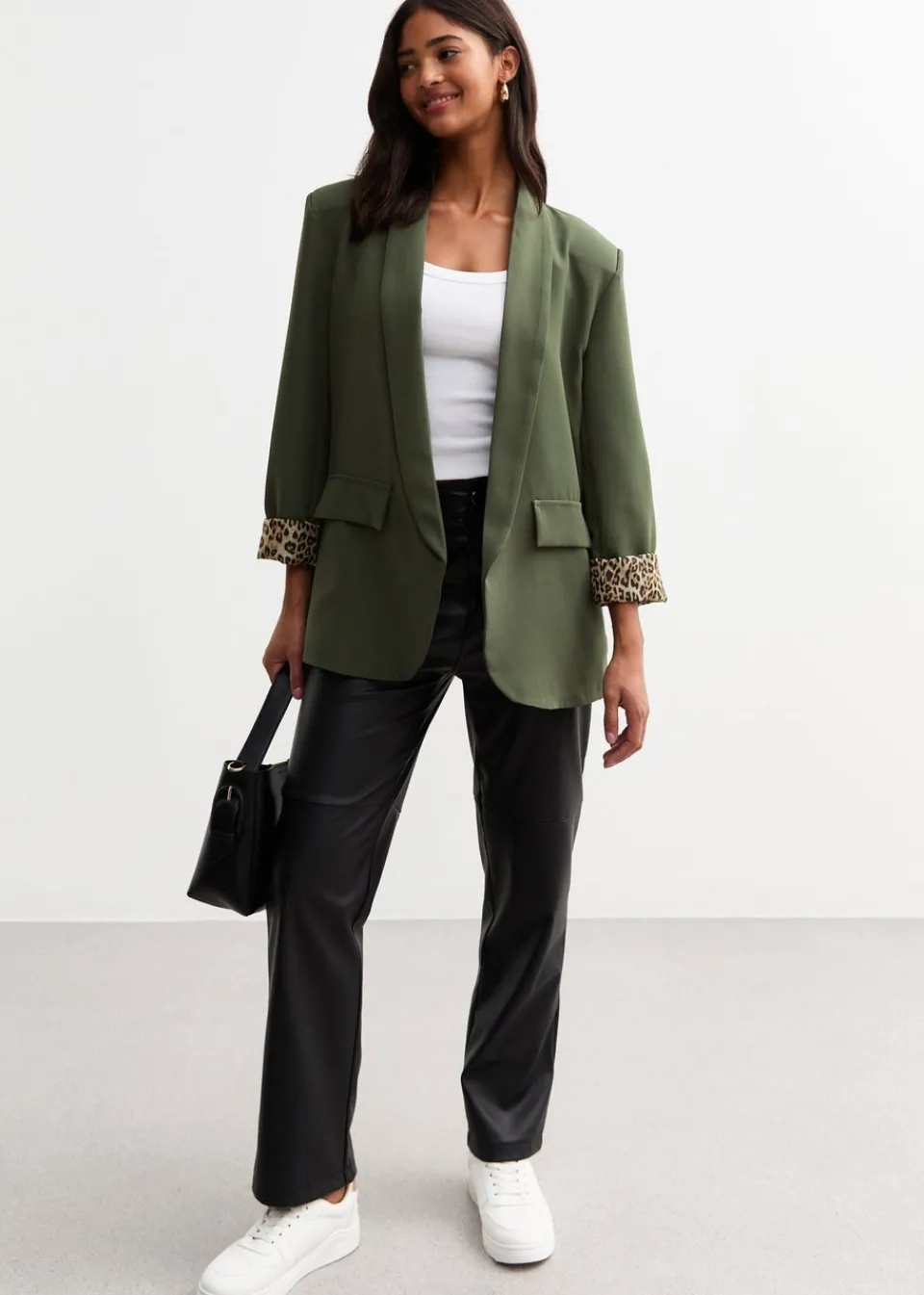 Coats & Jackets>Gini London Khaki Contrast Animal Edge to Edge Blazer