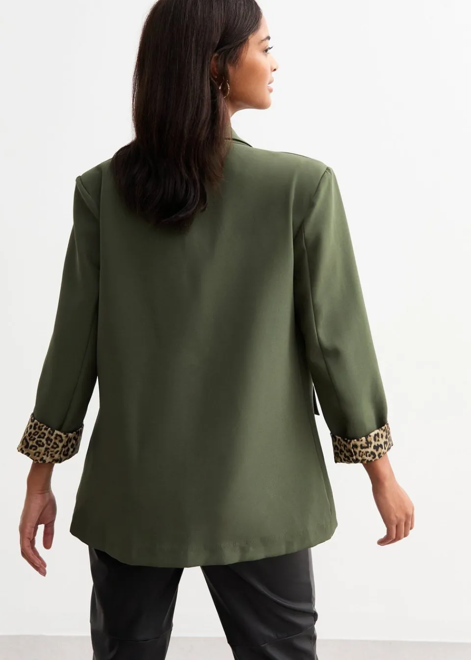 Coats & Jackets>Gini London Khaki Contrast Animal Edge to Edge Blazer
