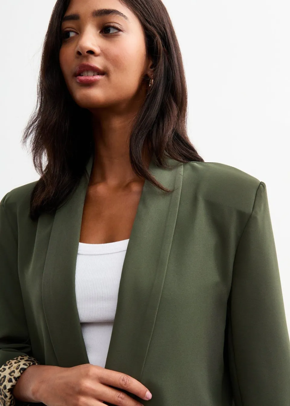 Coats & Jackets>Gini London Khaki Contrast Animal Edge to Edge Blazer