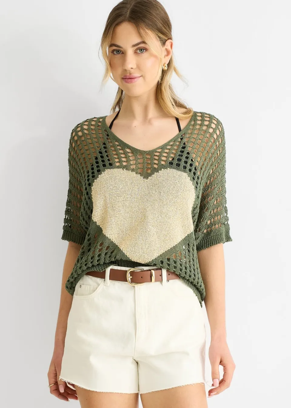 T-Shirts>Gini London Khaki Fish Net Heart Pattern Crochet Top