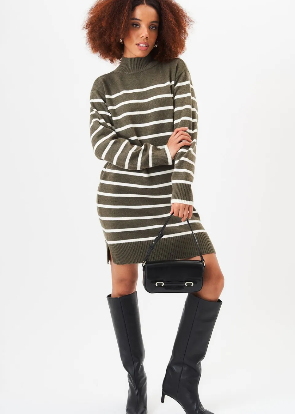 Knitwear>Gini London Khaki High Neck Stripe Oversized Tunic Dress