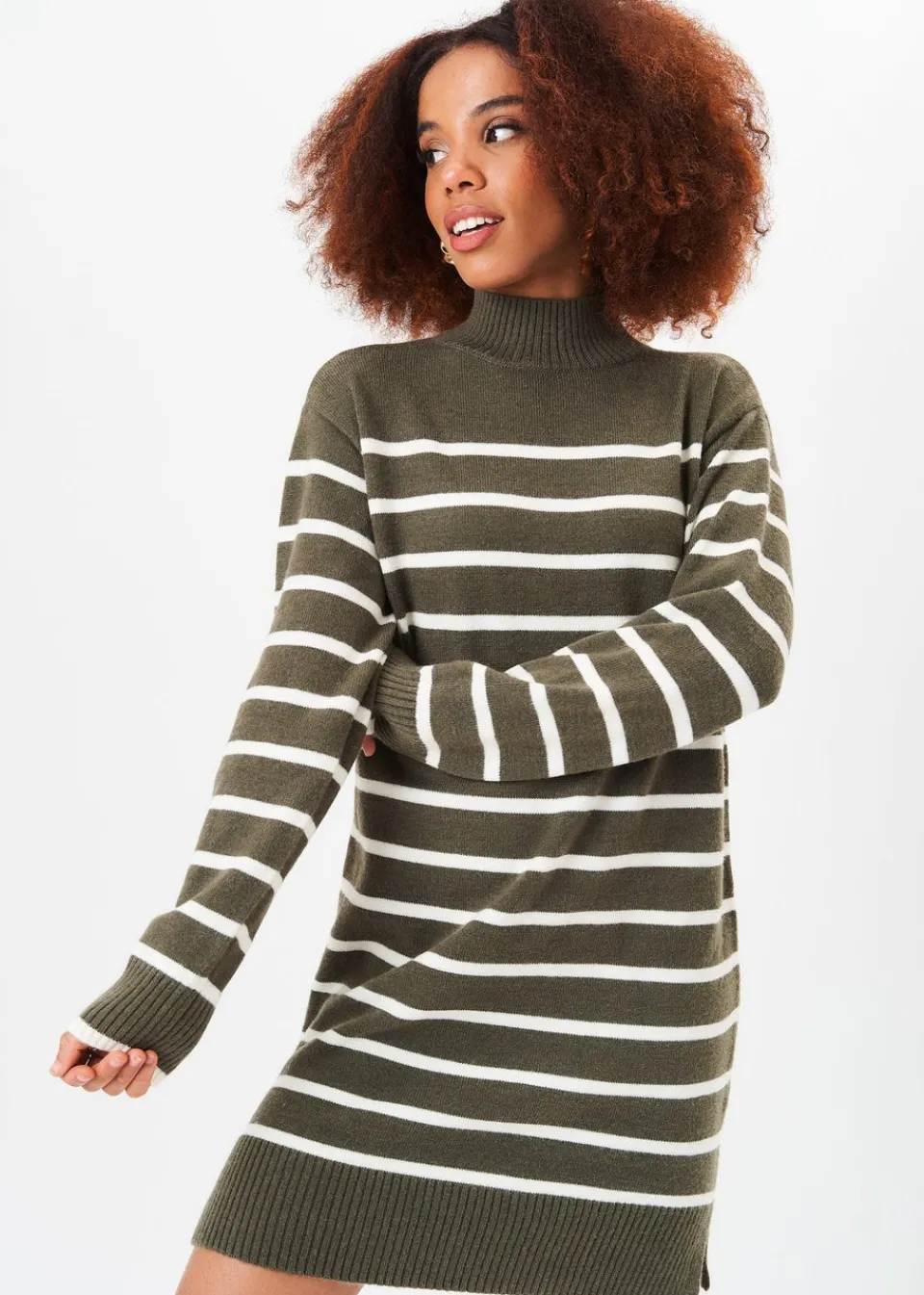 Knitwear>Gini London Khaki High Neck Stripe Oversized Tunic Dress