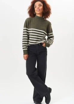 Tops>Gini London Khaki High Neck Stripe Oversized Jumper
