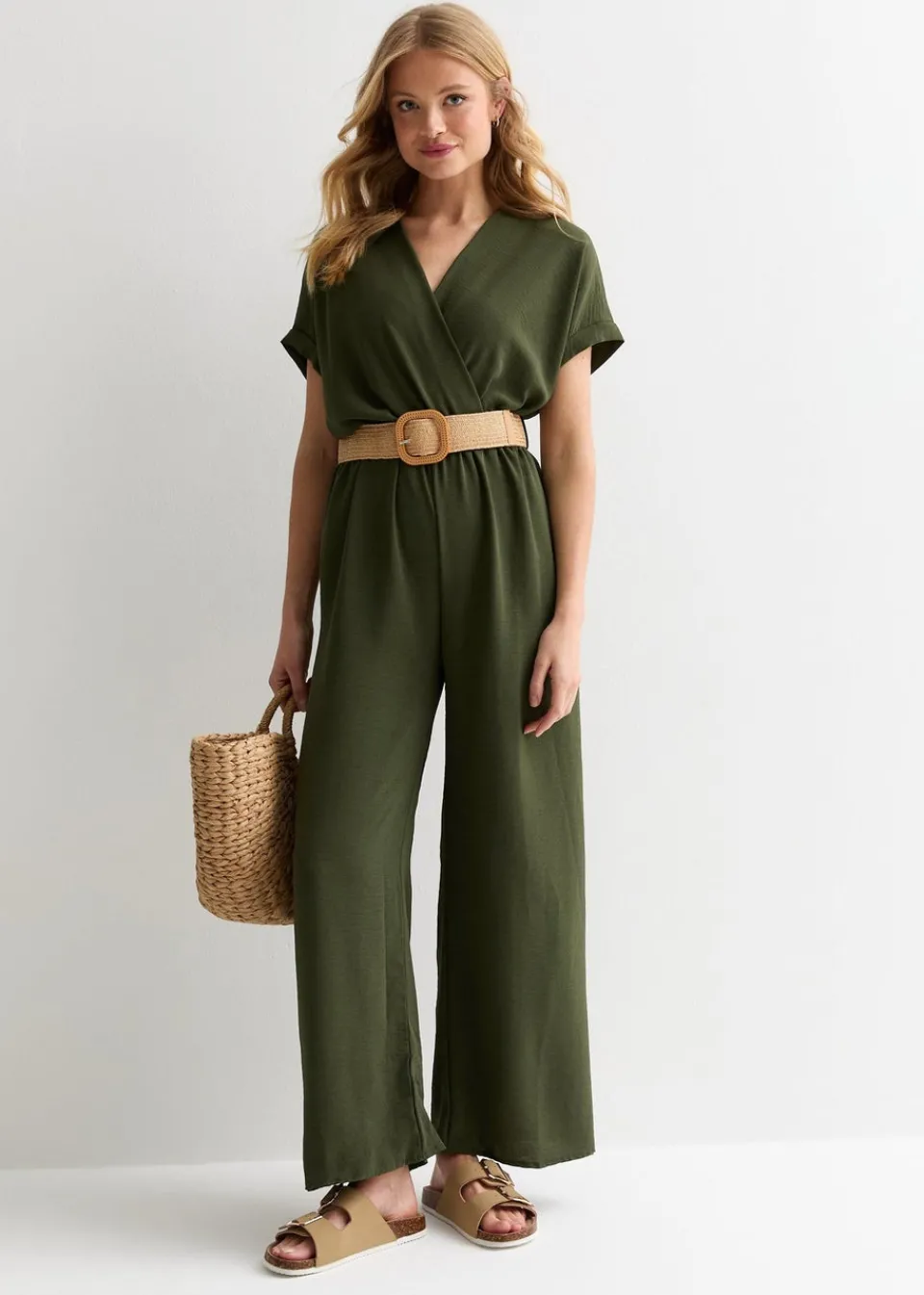 Jumpsuits & Playsuits>Gini London Khaki Short Sleeves Elasticated Waist Belted Jumpsuit