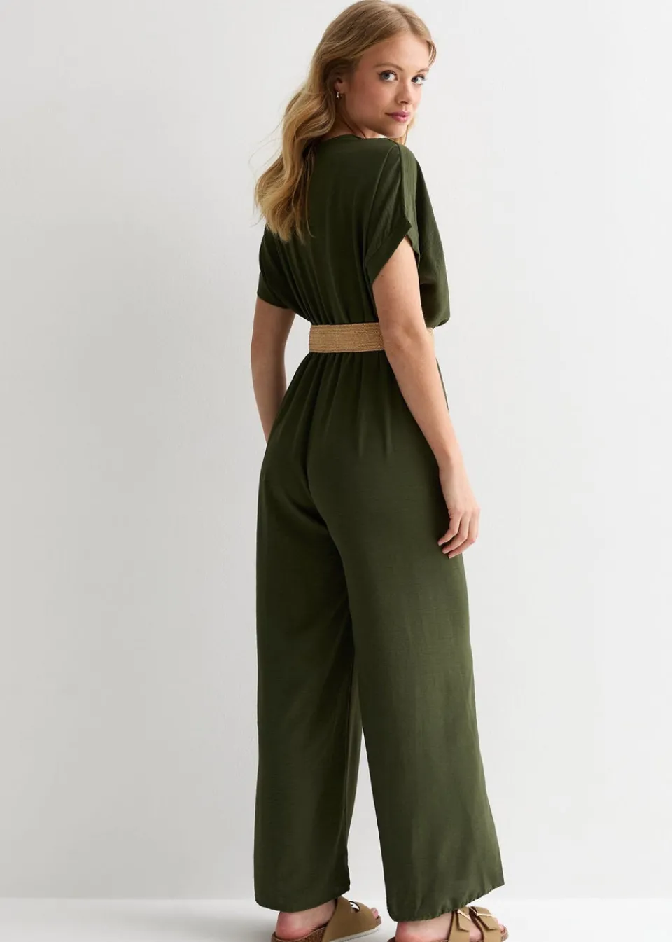 Jumpsuits & Playsuits>Gini London Khaki Short Sleeves Elasticated Waist Belted Jumpsuit
