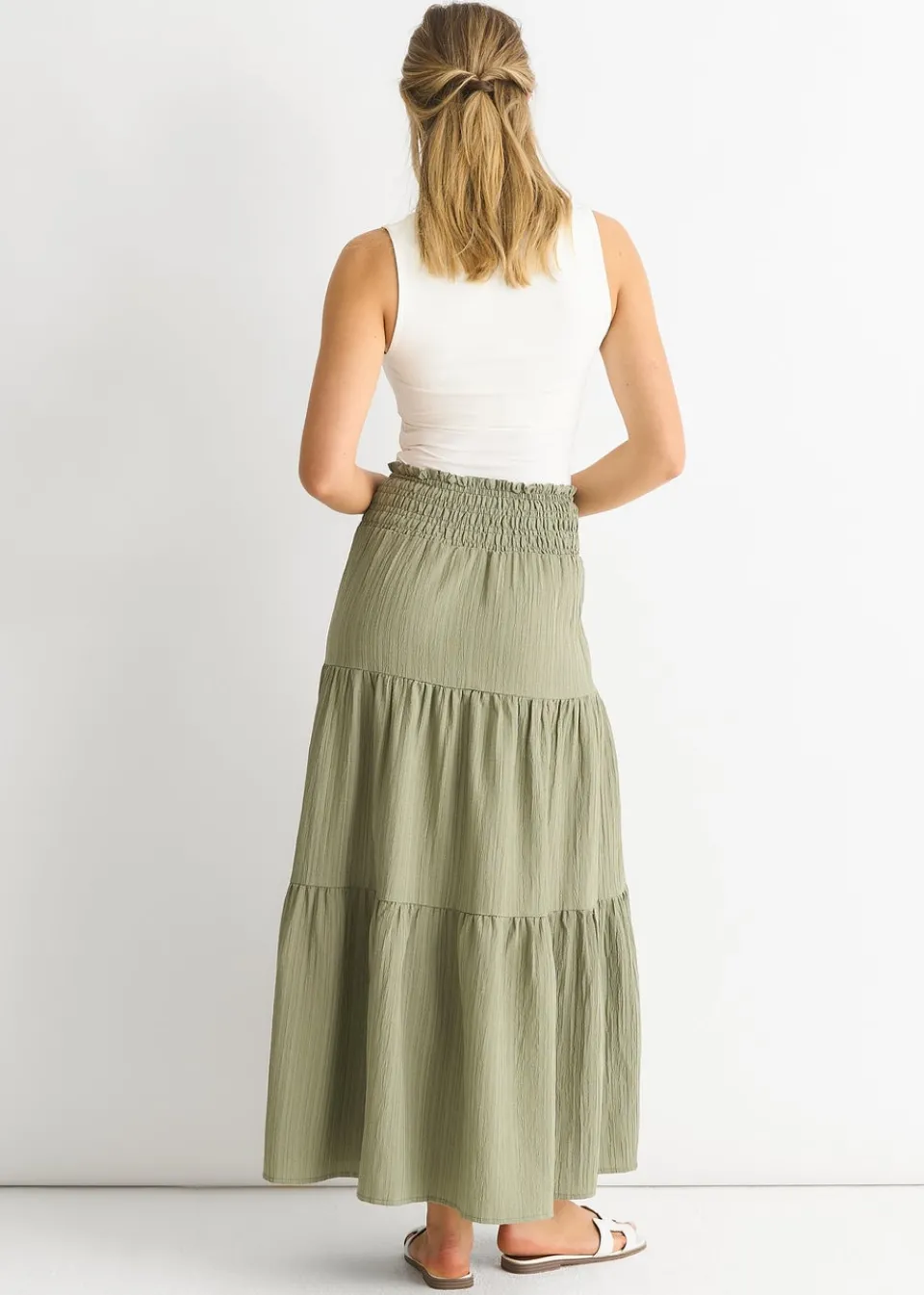 Skirts>Gini London Khaki Smocked Tiered Maxi Skirt