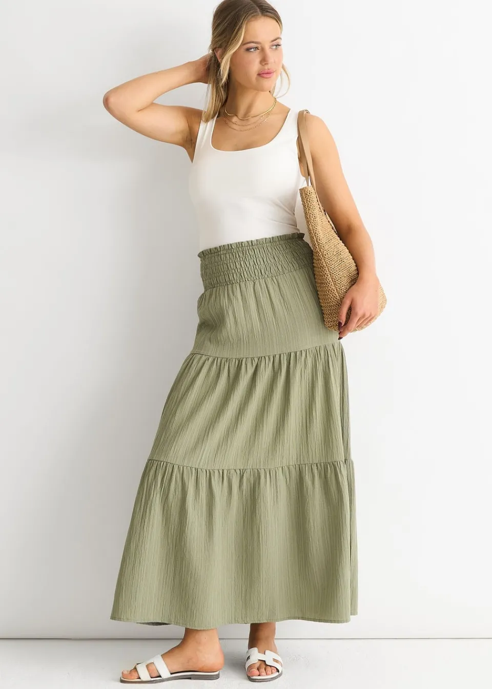 Skirts>Gini London Khaki Smocked Tiered Maxi Skirt