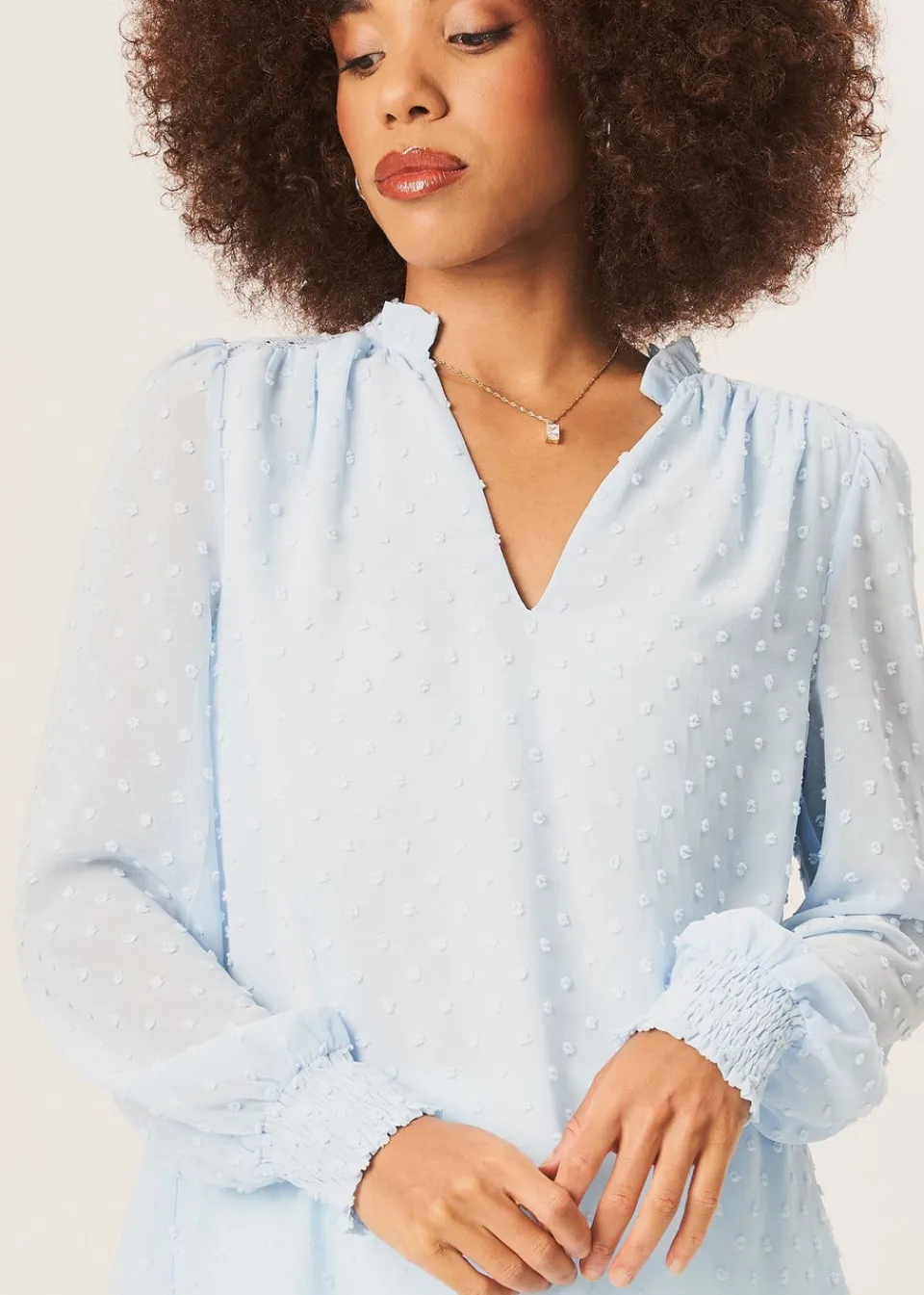 Tops>Gini London Light Blue Dobby Chiffon Frill Neck Blouse