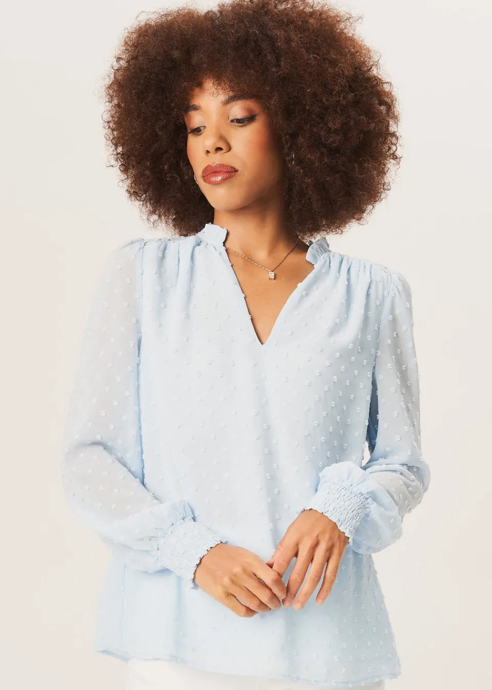 Tops>Gini London Light Blue Dobby Chiffon Frill Neck Blouse