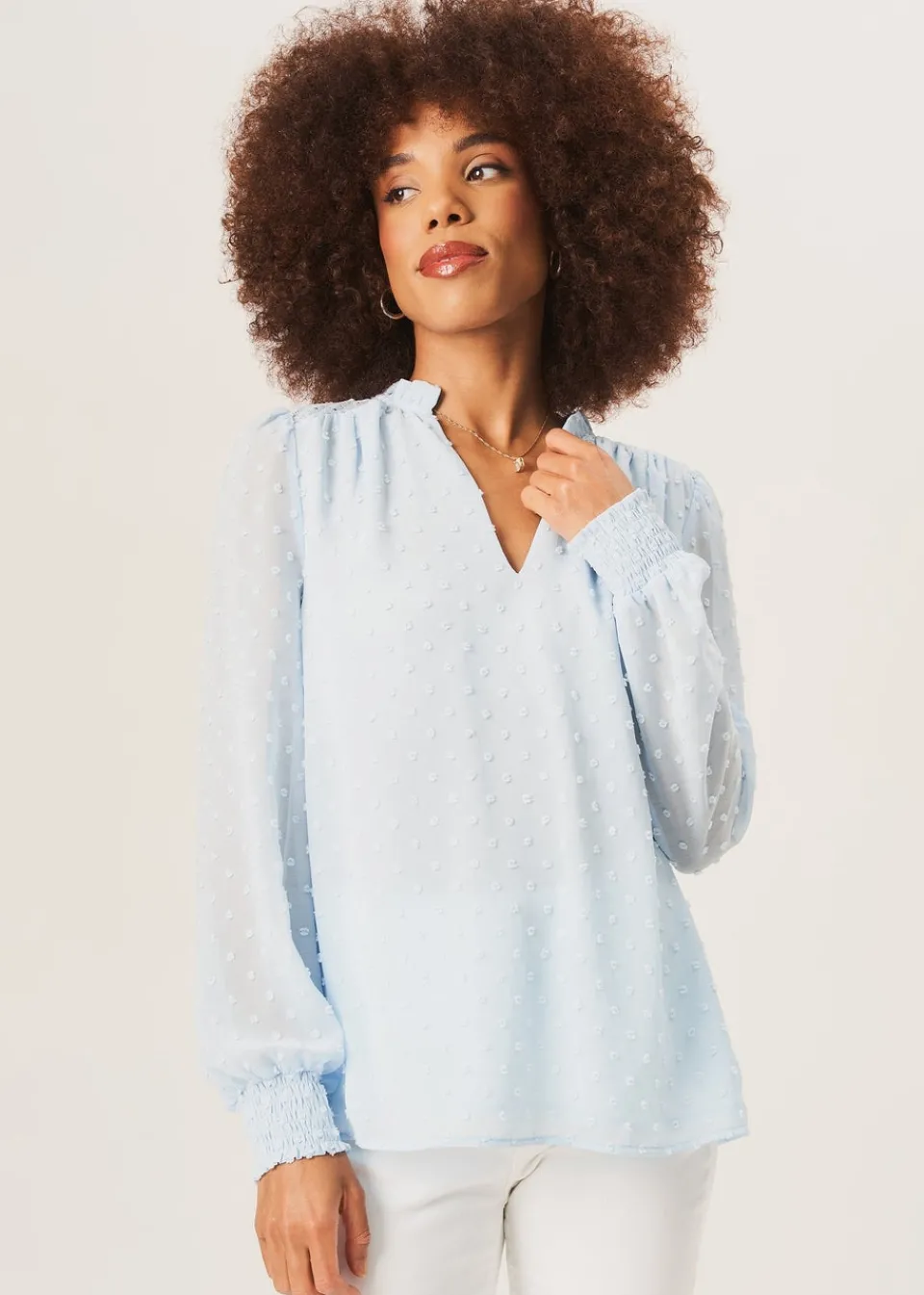 Tops>Gini London Light Blue Dobby Chiffon Frill Neck Blouse