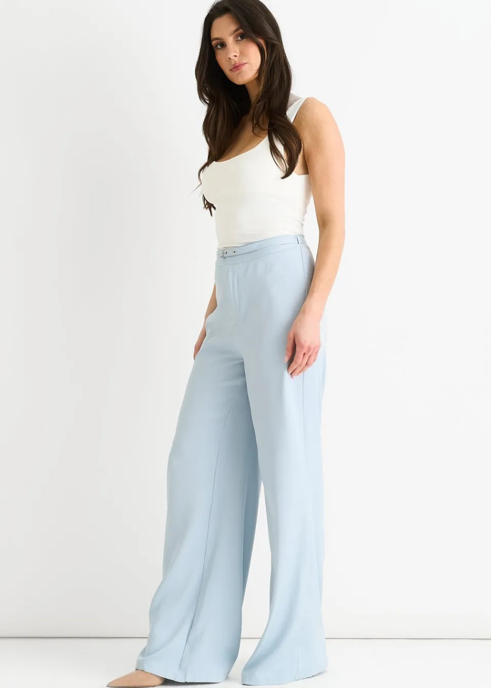 Trousers>Gini London Light Blue Tailored Belt Wide Leg Trousers