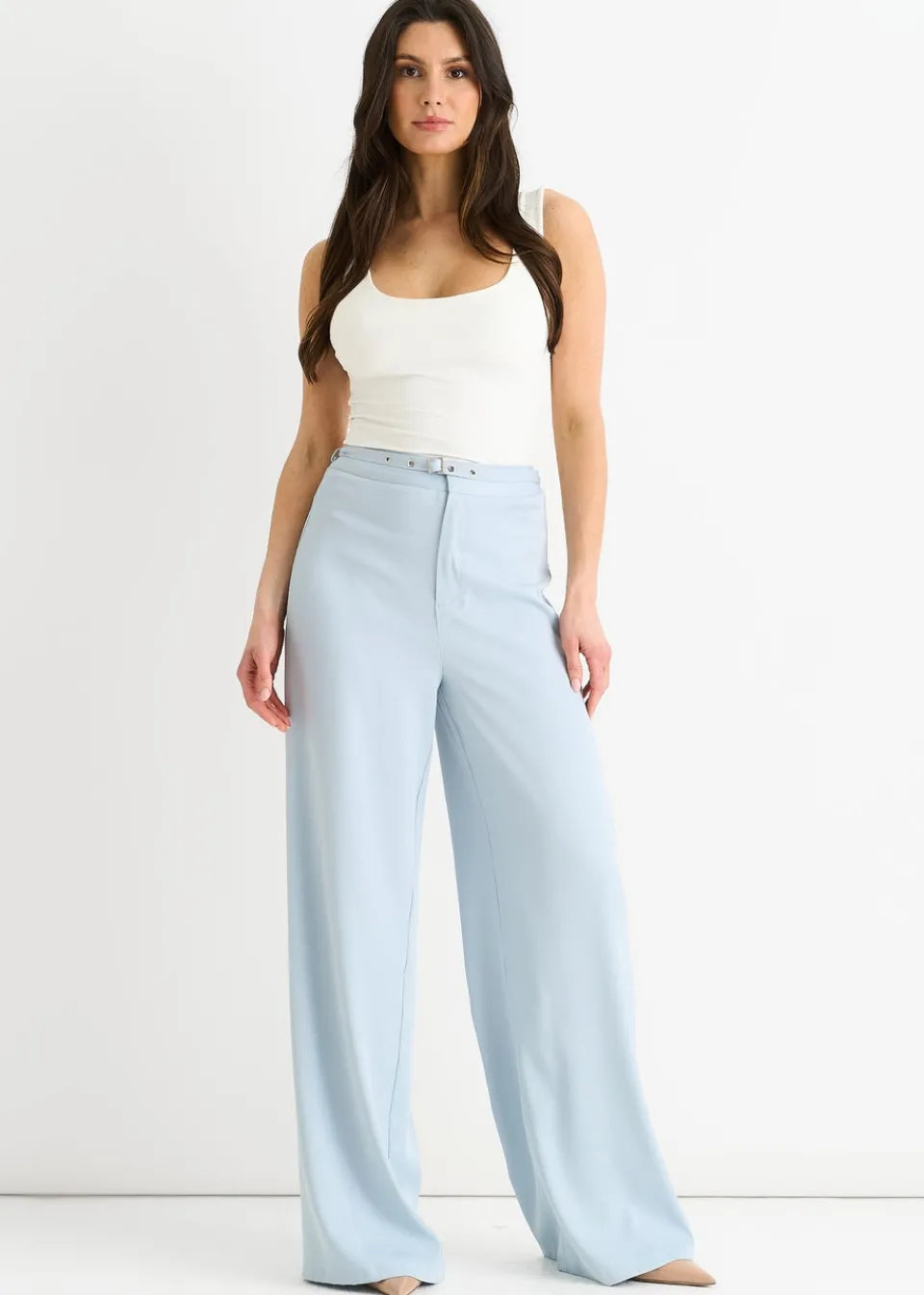 Trousers>Gini London Light Blue Tailored Belt Wide Leg Trousers