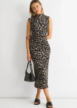Dresses>Gini London Light Grey Animal Print Ruched Midi Dress