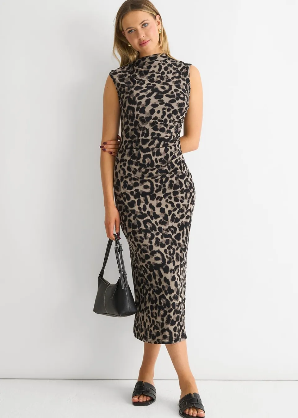 Dresses>Gini London Light Grey Animal Print Ruched Midi Dress