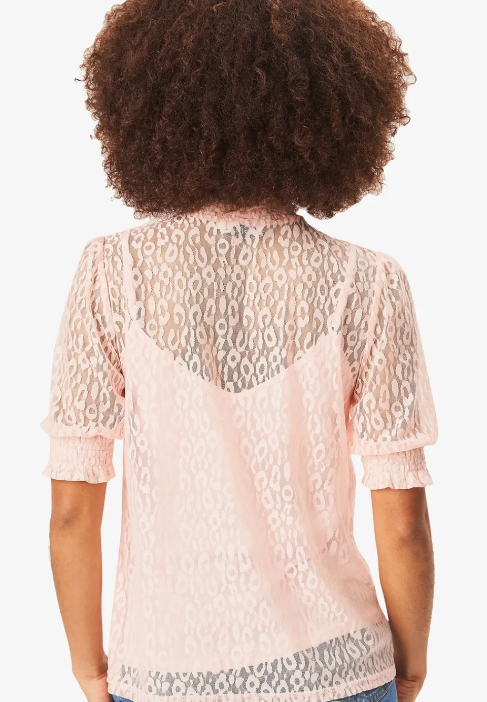 Tops>Gini London Light Pink High Neck Lace Loose Fit Blouse