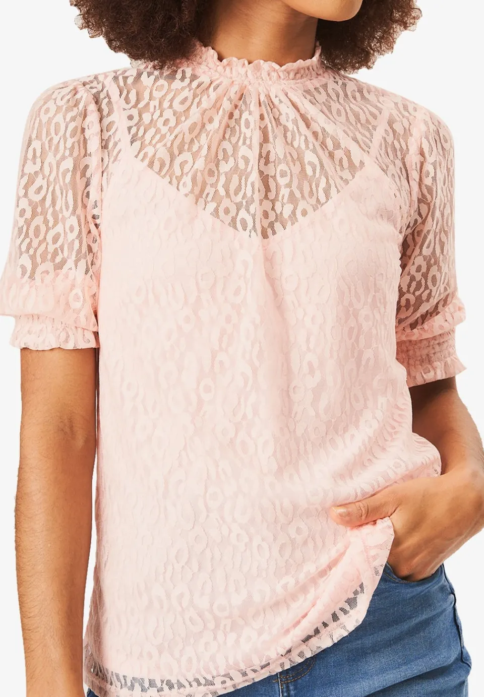 Tops>Gini London Light Pink High Neck Lace Loose Fit Blouse
