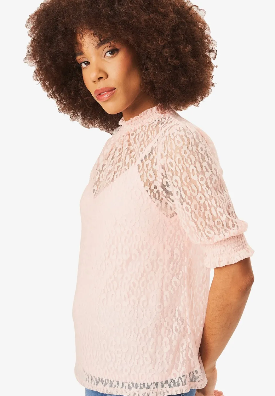 Tops>Gini London Light Pink High Neck Lace Loose Fit Blouse