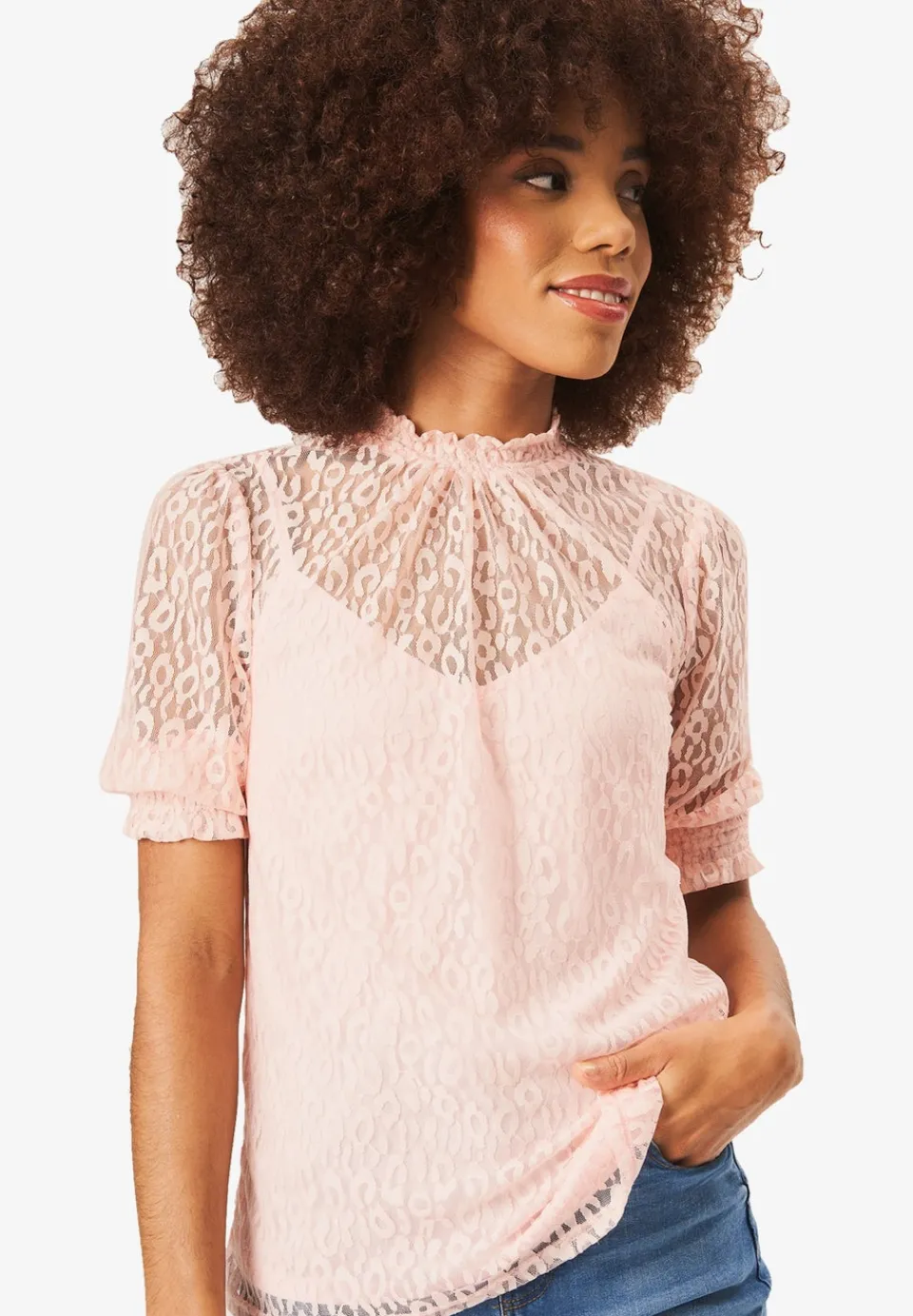 Tops>Gini London Light Pink High Neck Lace Loose Fit Blouse