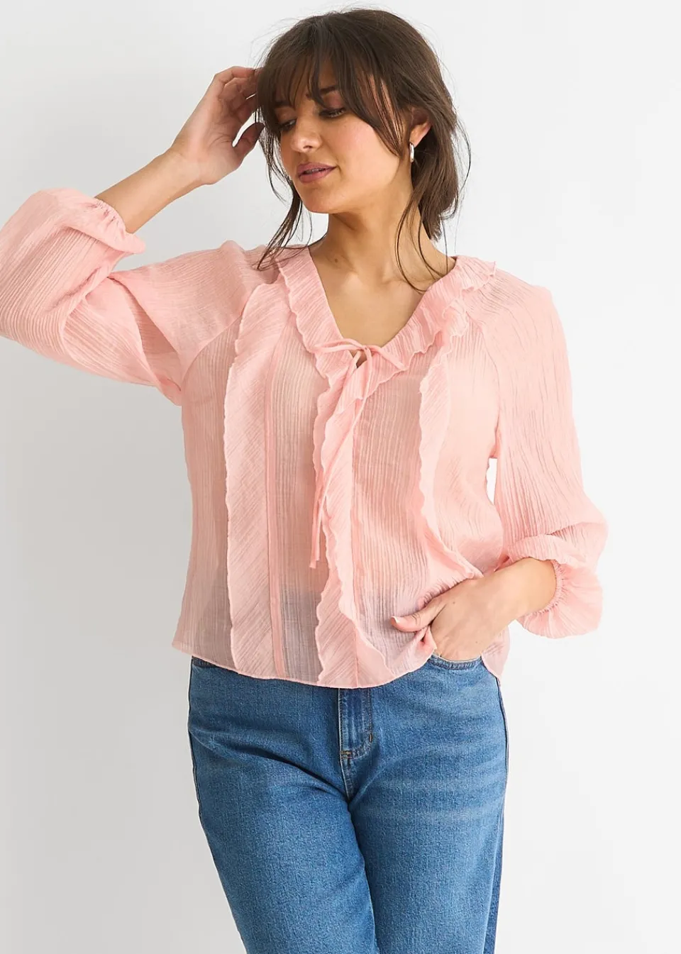 Tops>Gini London Long Sleeeves Tie Detail Ruffle Blouse