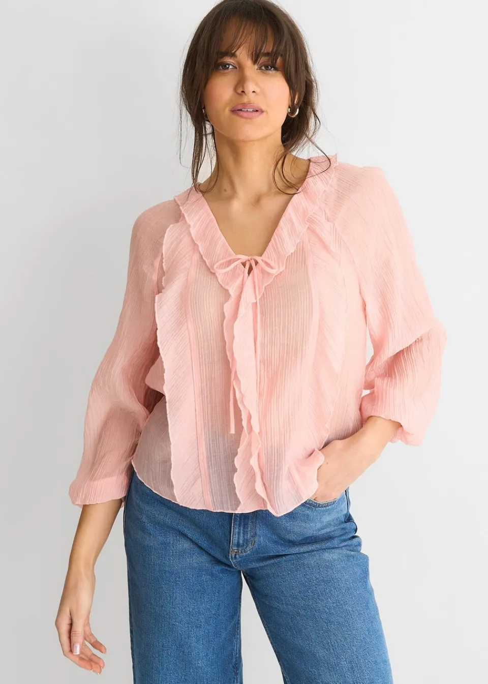 Tops>Gini London Long Sleeeves Tie Detail Ruffle Blouse
