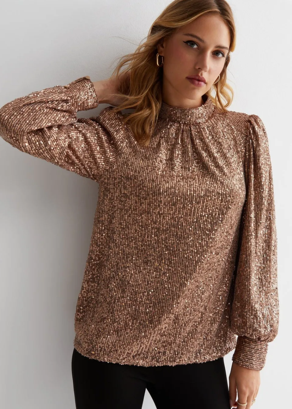 Tops>Gini London Mink Brown Sequin High Neck Loosefit Blouse