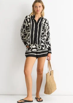 Blouses & Shirts>Gini London Mono Border Print Viscose Oversized Shirt