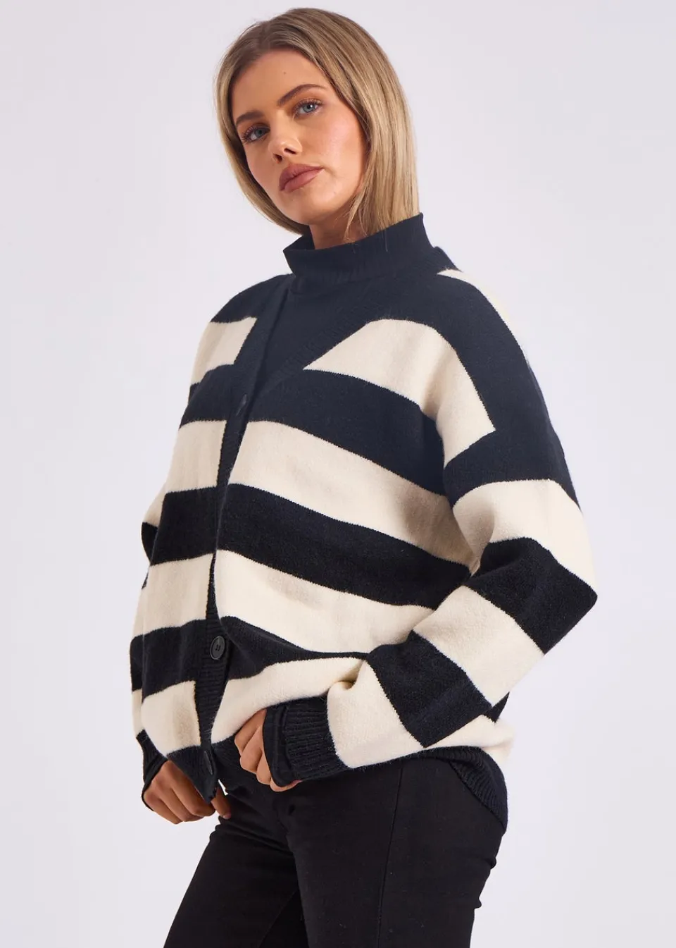 Tops>Gini London Mono Stripe Oversized Button Through Cardigan
