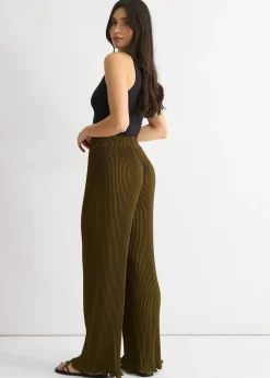 Trousers>Gini London Olive Plisse Loungewear Wide Leg Trouser