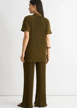Tops>Gini London Olive Plisse Short Sleeve Oversized Shirt