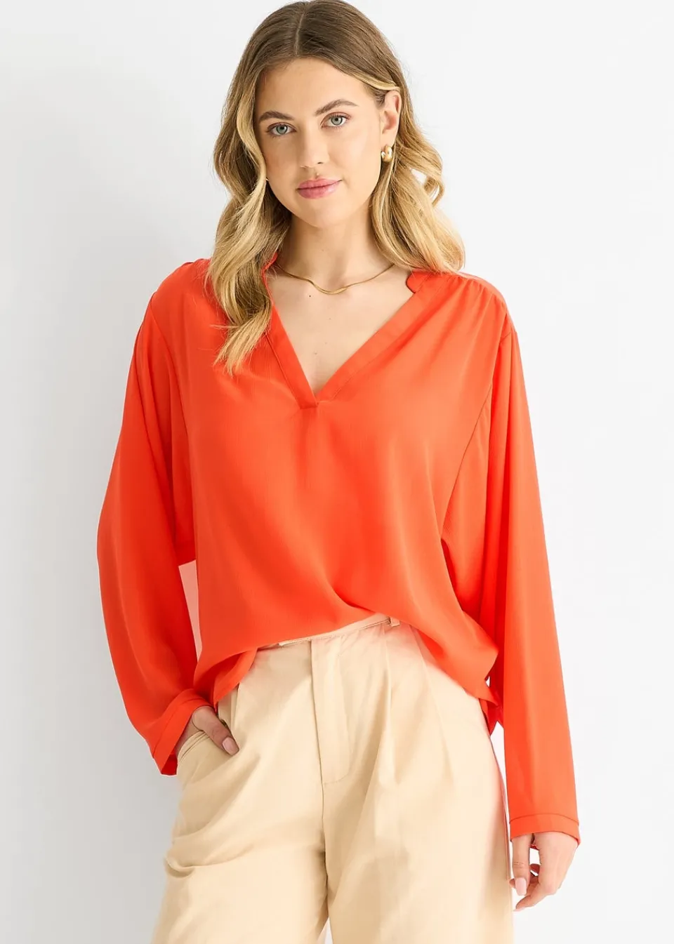 Tops>Gini London Orange Textured Chiffon Oversized Blouse