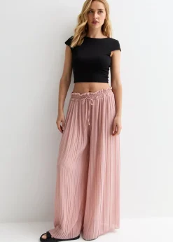 Trousers>Gini London Pink Elasticated Waist Plisse Wide Led Trouser