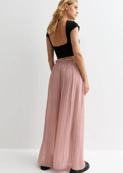 Trousers>Gini London Pink Elasticated Waist Plisse Wide Led Trouser