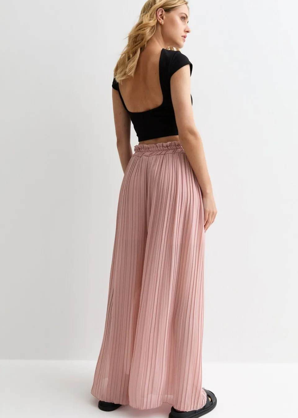 Trousers>Gini London Pink Elasticated Waist Plisse Wide Led Trouser