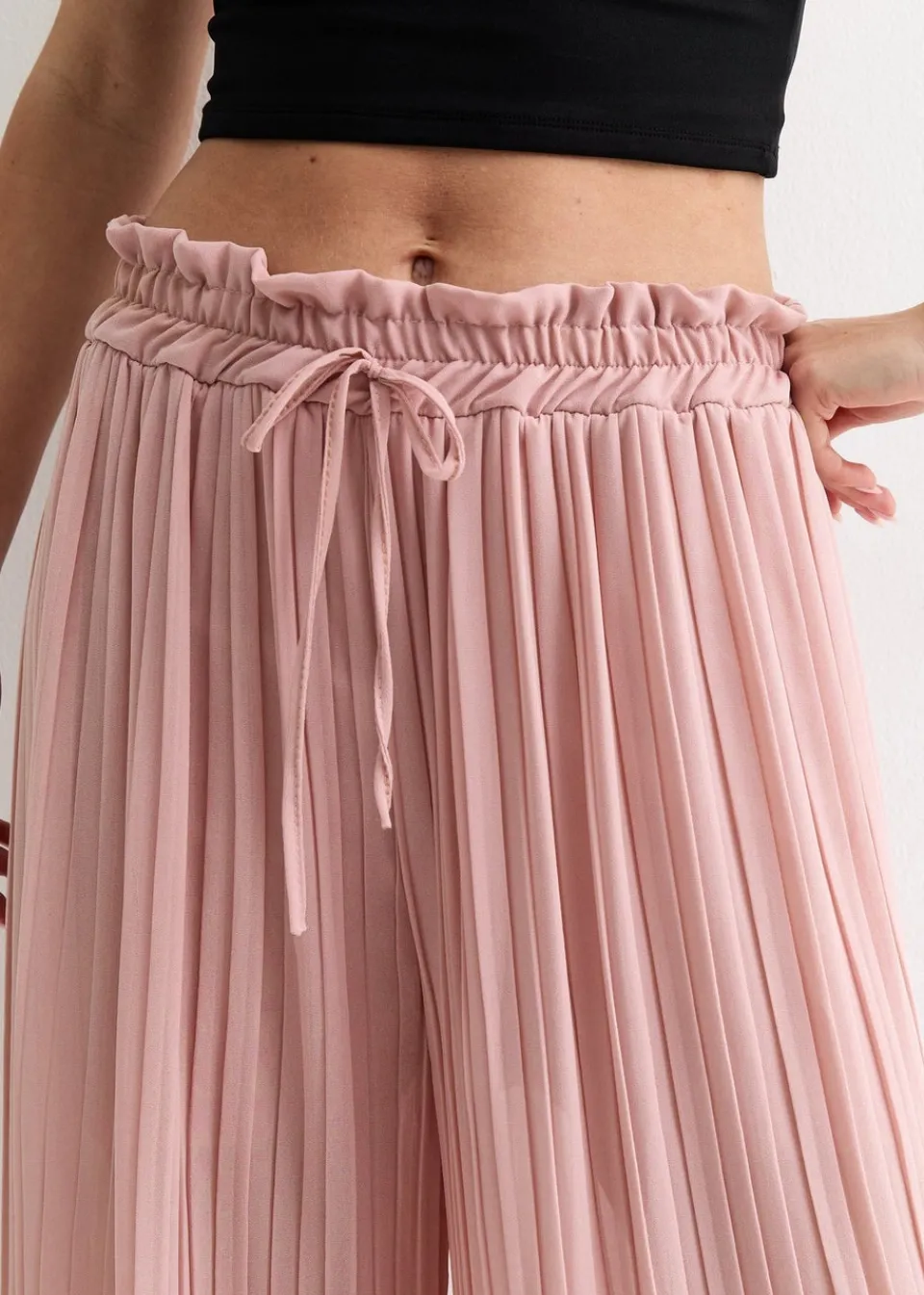Trousers>Gini London Pink Elasticated Waist Plisse Wide Led Trouser