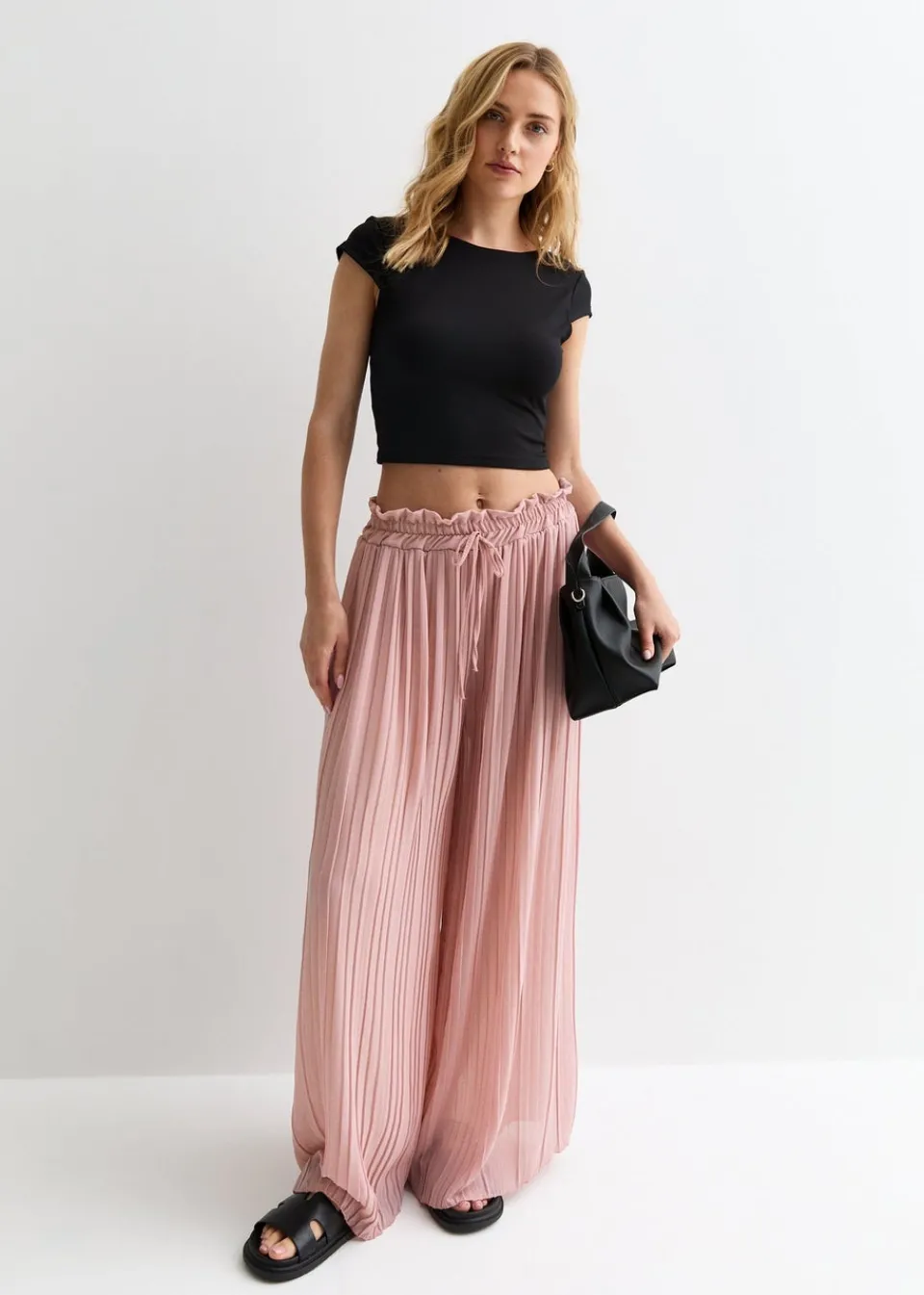 Trousers>Gini London Pink Elasticated Waist Plisse Wide Led Trouser