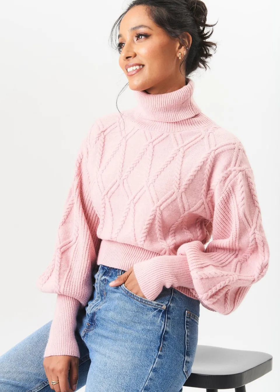 Tops>Gini London Pink High Neck Knit Crop Jumper