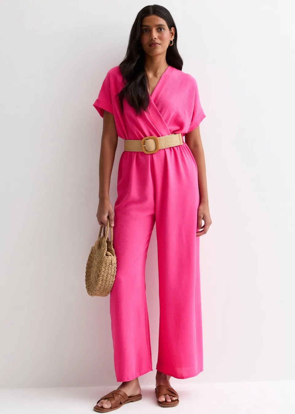 Jumpsuits & Playsuits>Gini London Pink Short Sleeves Elasticated Waist Belted Jumpsuit