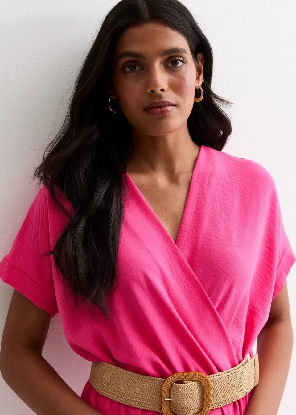 Jumpsuits & Playsuits>Gini London Pink Short Sleeves Elasticated Waist Belted Jumpsuit